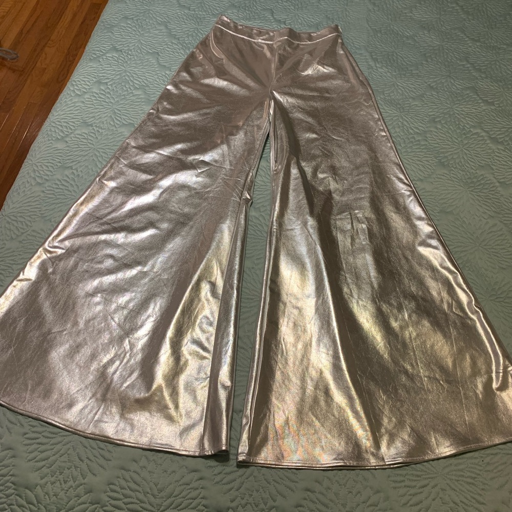 ladies Metallic Silver Flair Leg pant.